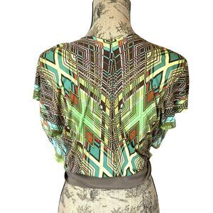 Rozae Nichols Woman Wrap Top M Geometric Silk Blend Kimono Tie Waist Boho Chic